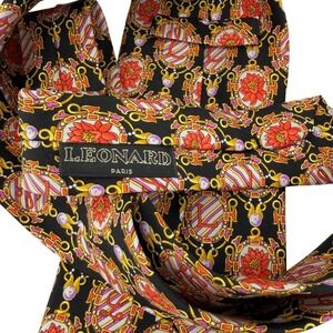 Leonard Paris Mens Silk Necktie Black Red Floral Medallion Dessin N 136 France